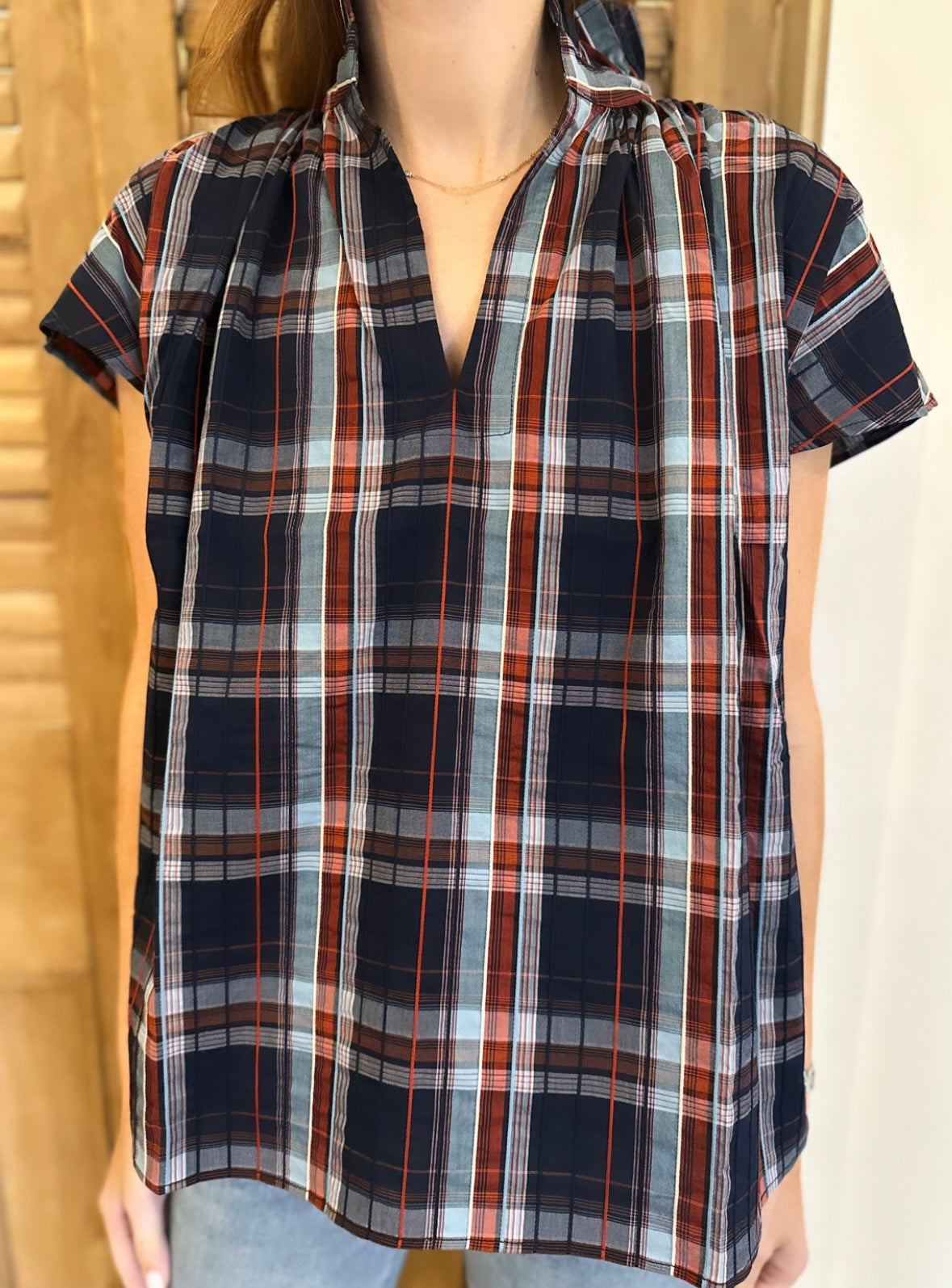 Vicki Short Sleeve Top Navy Plaid