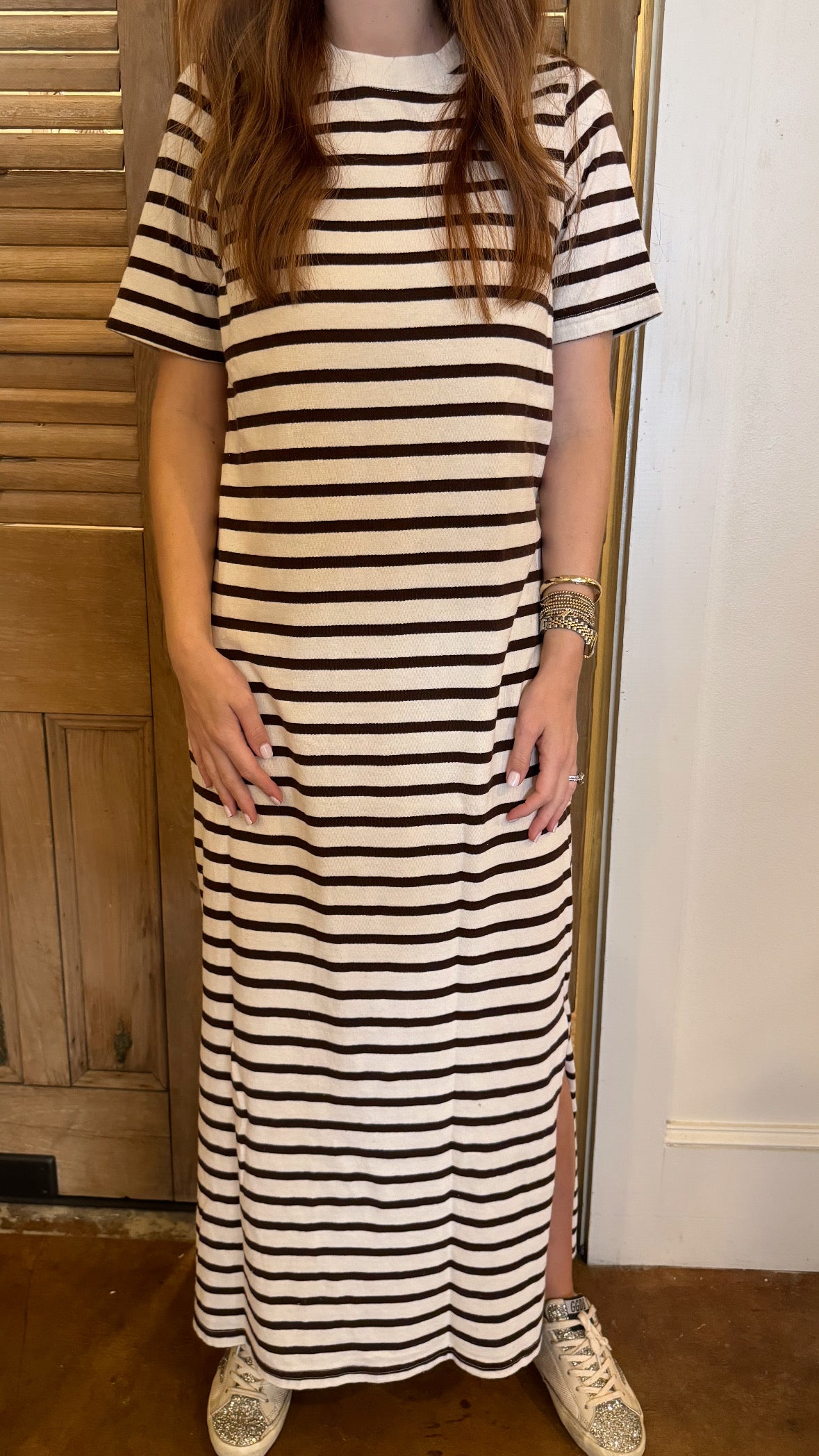 Recycled Cotton Striped SS Maxi Dress Walnut Stripe