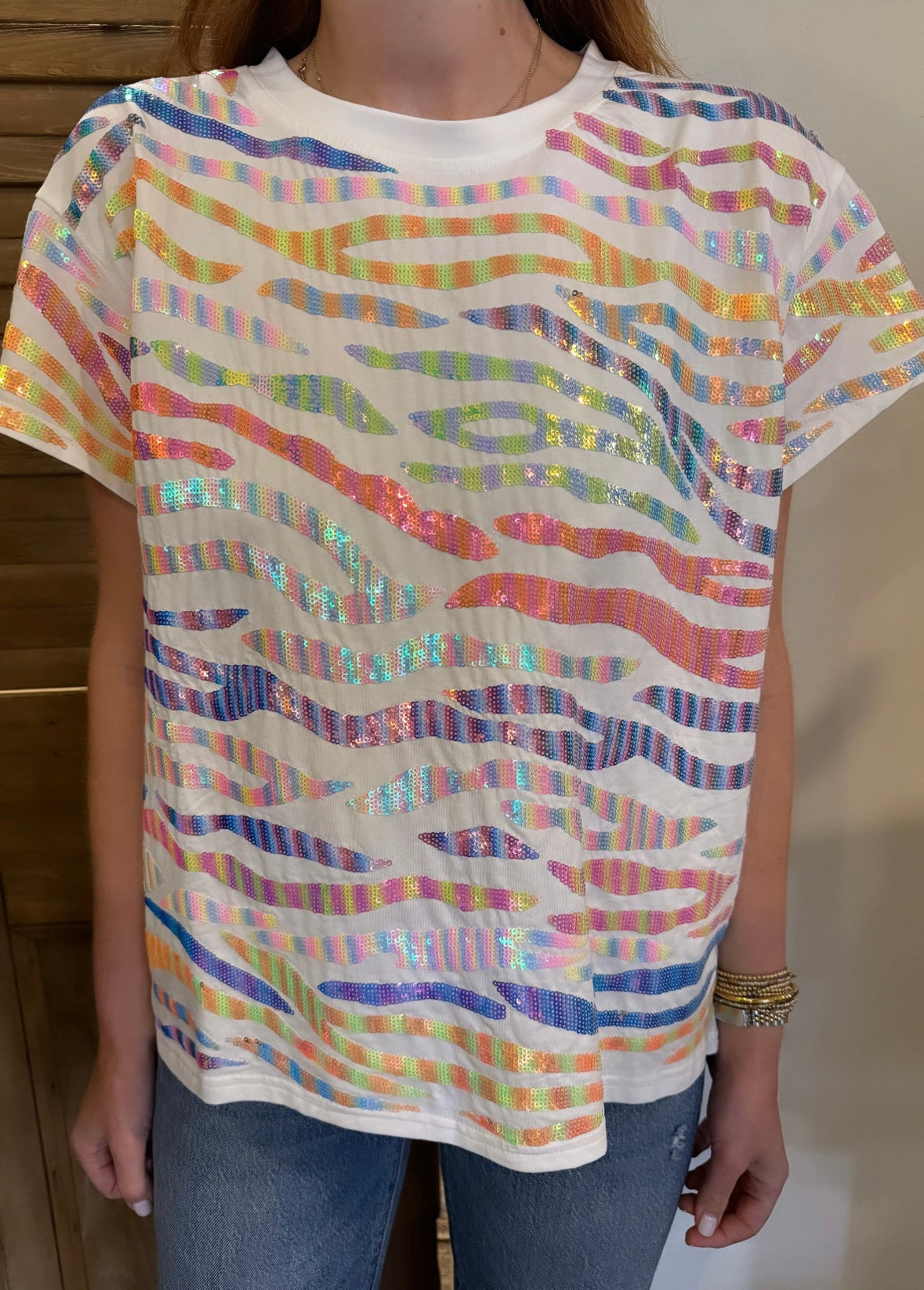 White Neon Seed Bead & Sequin Tiger Stripe Tee