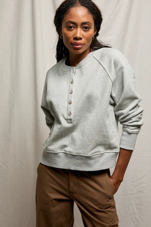 French Terry LS Raglan Button Front Sweatshirt Heather Grey
