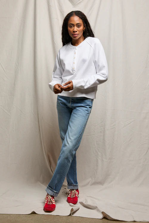 French Terry LS Raglan Button Front Sweatshirt White