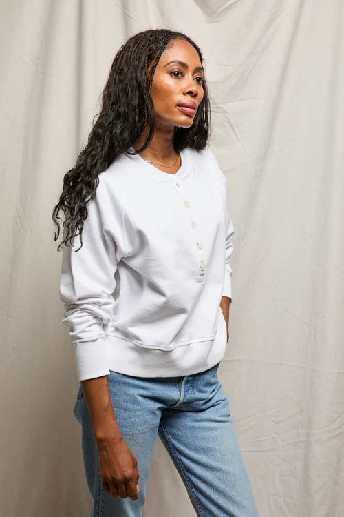 French Terry LS Raglan Button Front Sweatshirt White