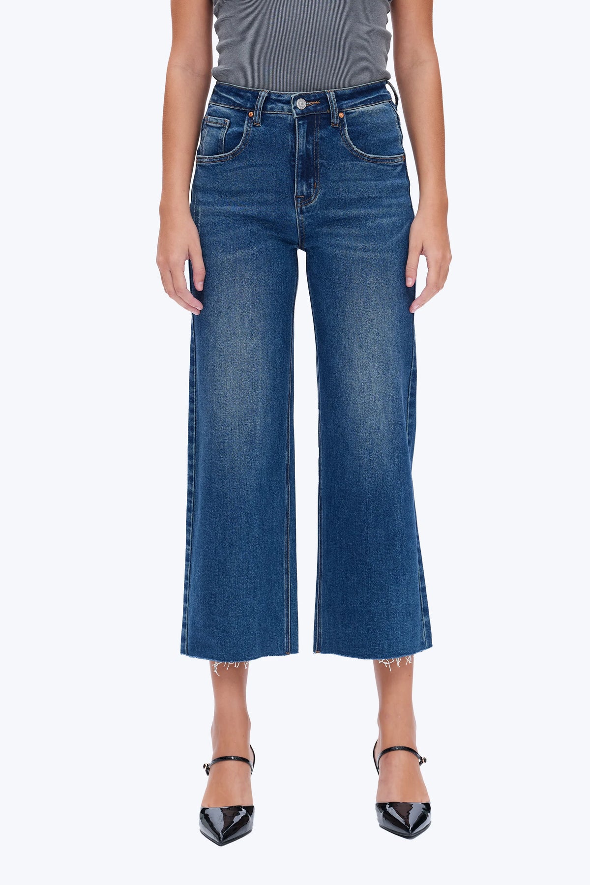 High Rise Cropped Distressed Wide Leg Jeans Surf