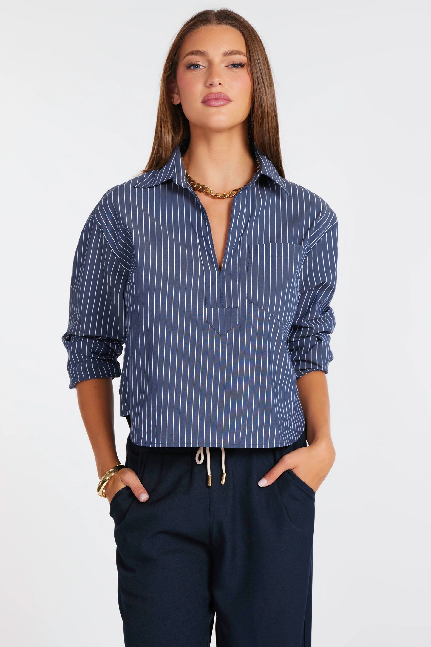 Casey Poplin Pullover Indigo Stripe