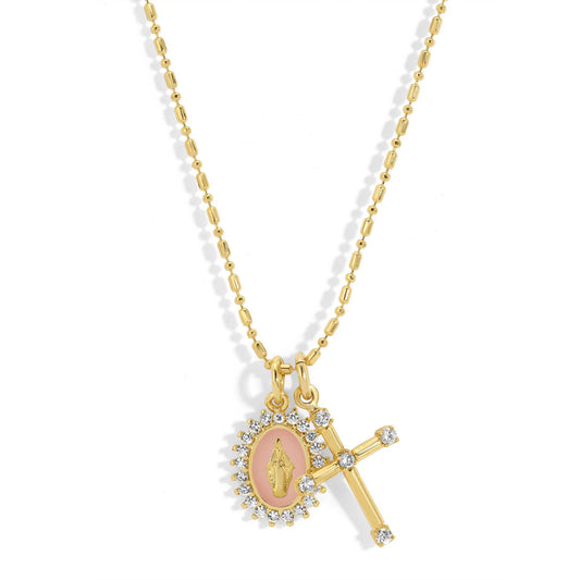 Virgin Maria Multi-Charm Necklace Baby Pink