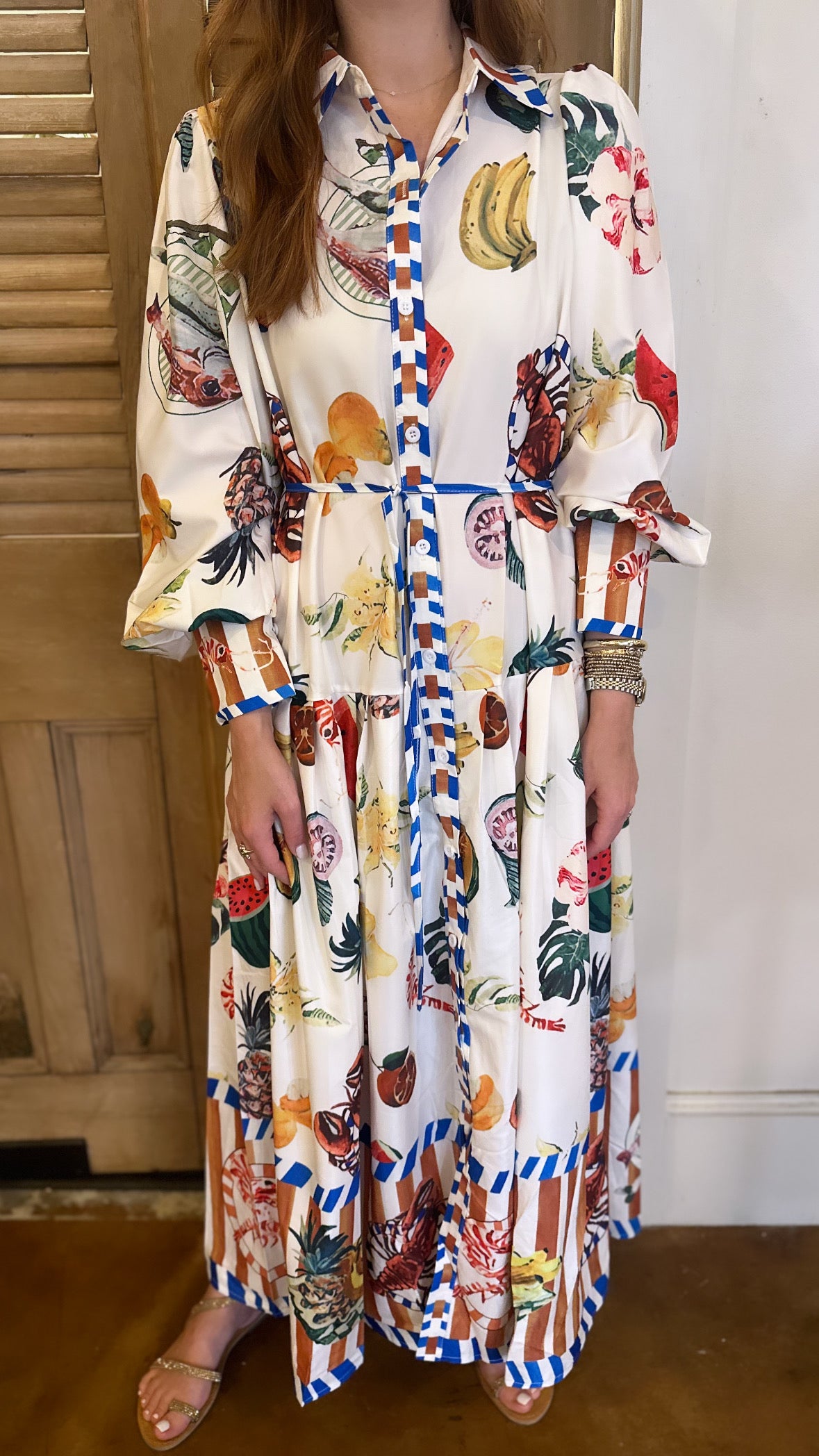 Fruity Belted Maxi Shirt Dress