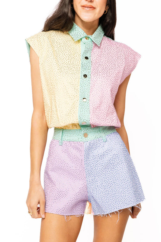 Pastel Colorblock Rhinestone Romper