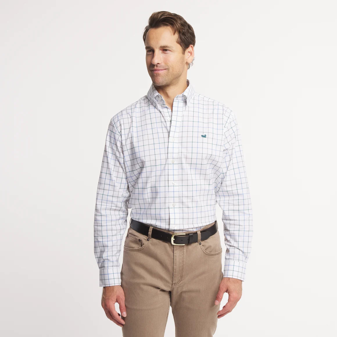 Lockhart Windowpane Performance Dress Shirt Dark Green & French Blue