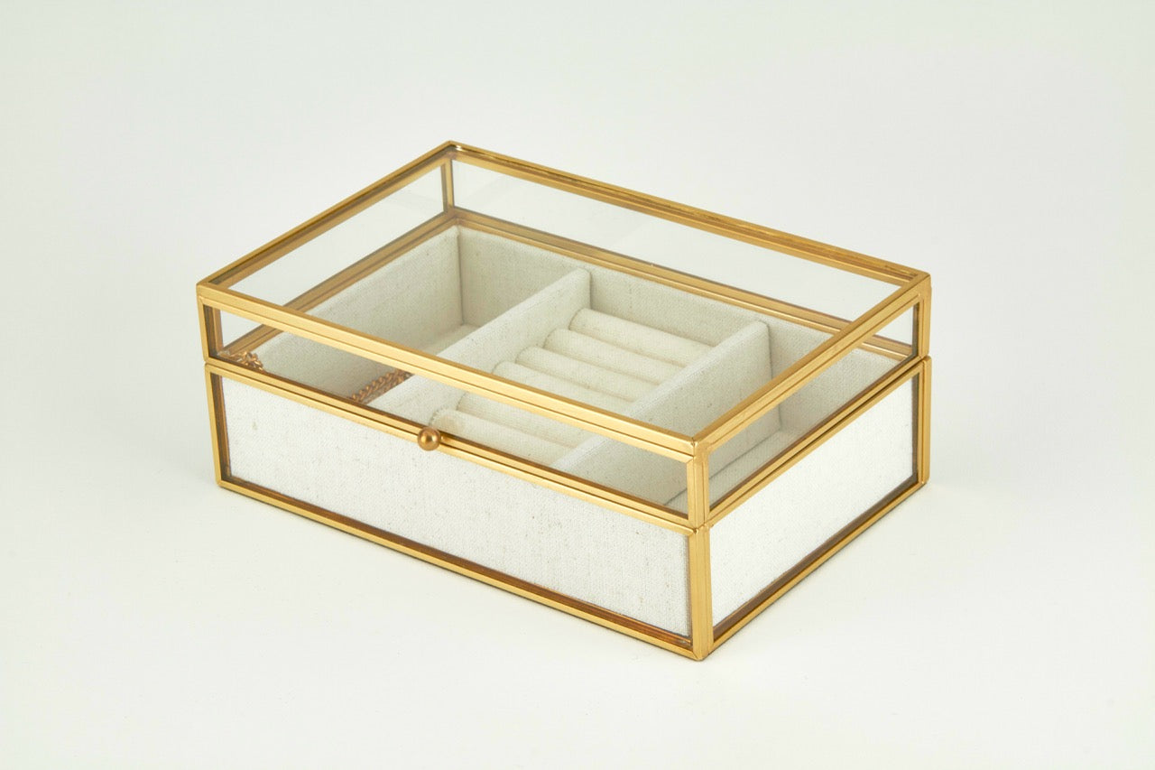 Brass Glass Jewelry Box White