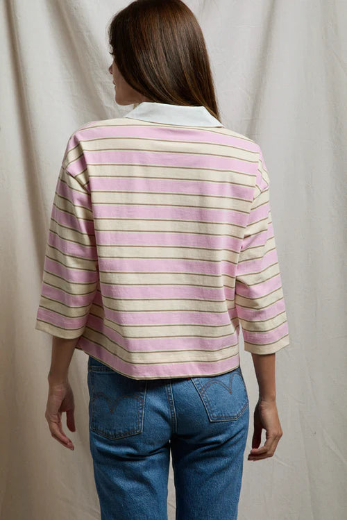Cotton Collared Rugby Shirt Sugar Pink Stripe