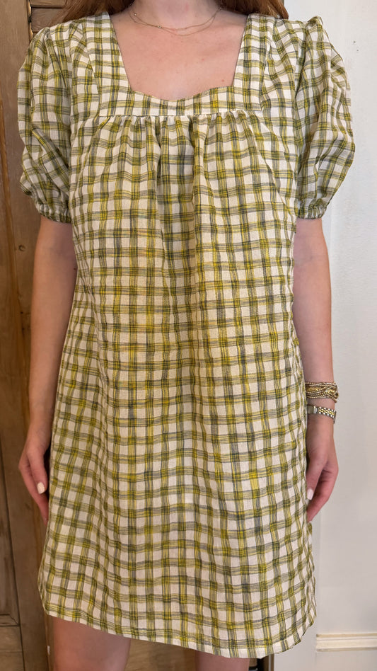 Square Neck Short Dress Yellow Plaid