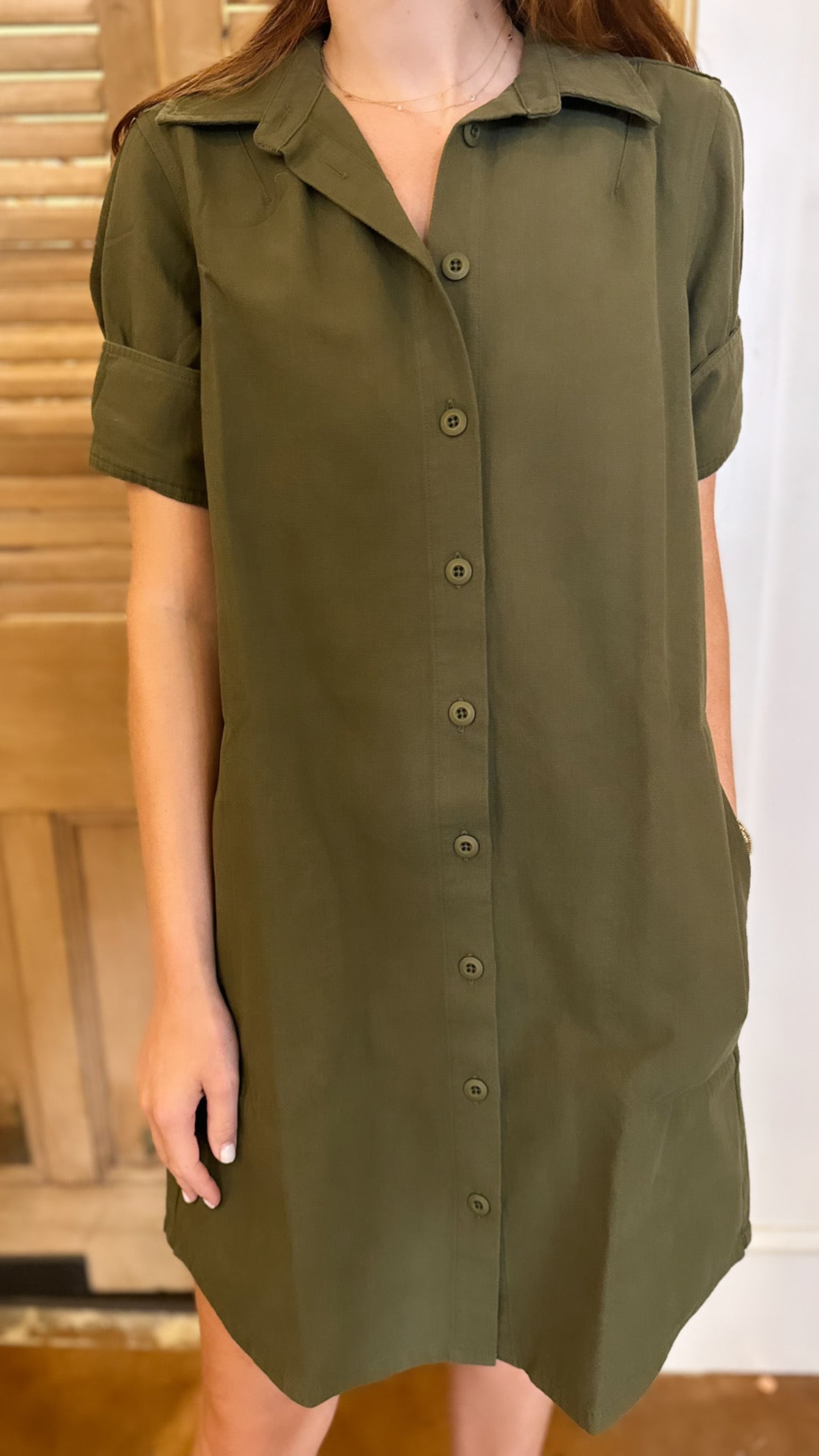 Cuff Sleeve Shirt Dress Army