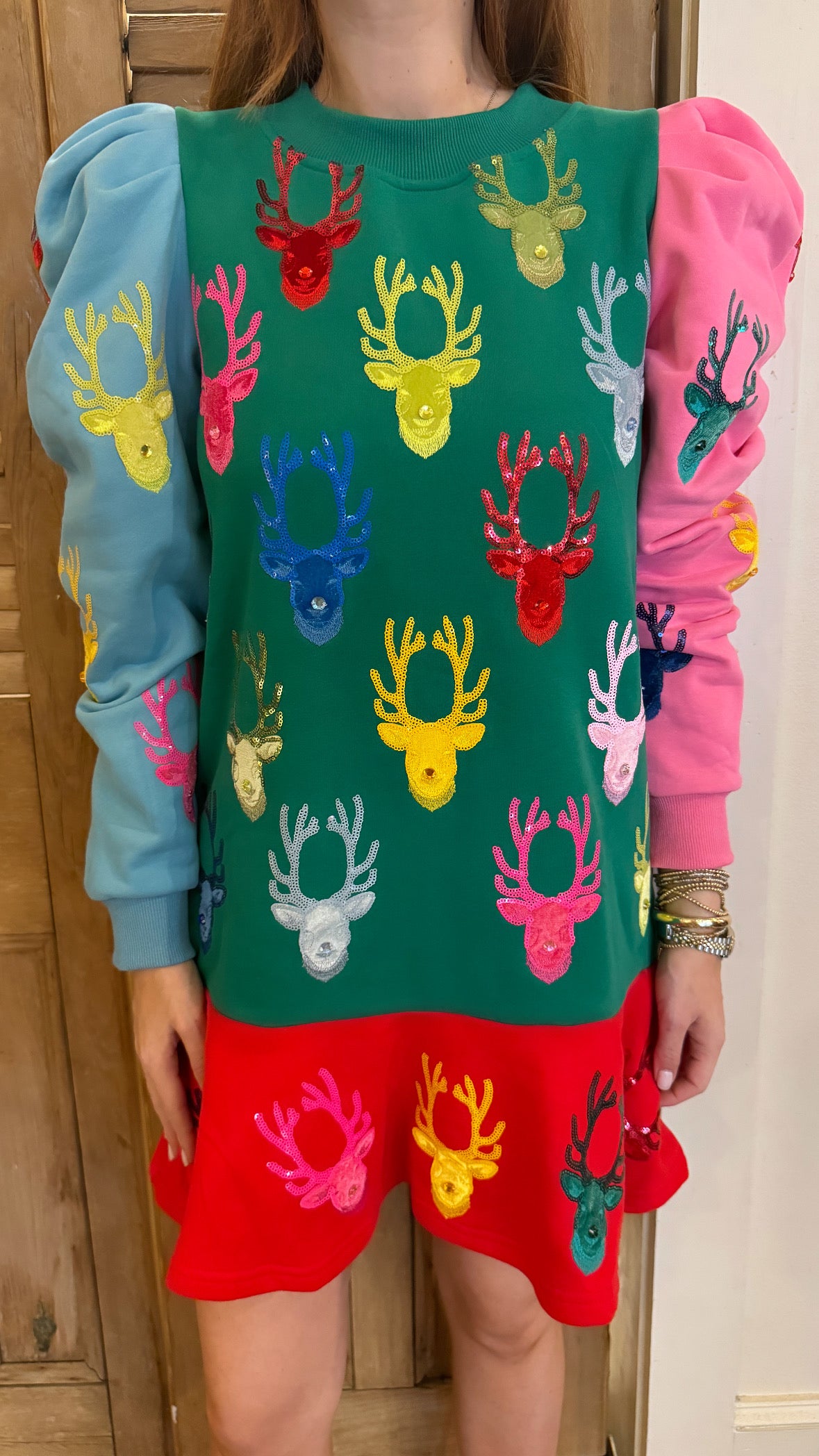 Colorblock Dress With Velvet Reindeer Heads