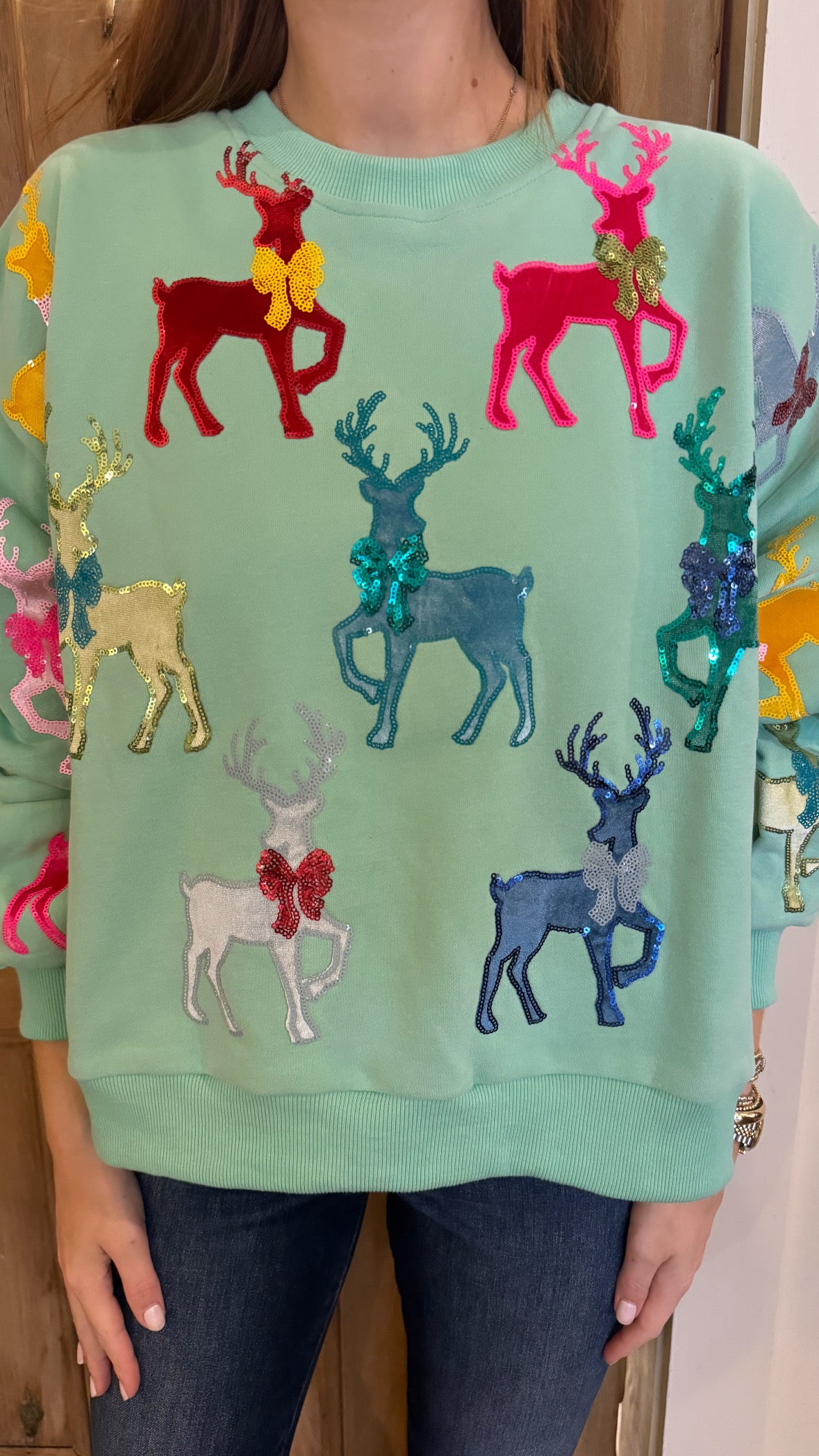 Mint Green Sweatshirt with Velvet Reindeers & Bows