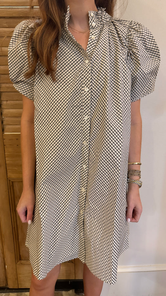 Elastic Collar Shift Dress Small Check