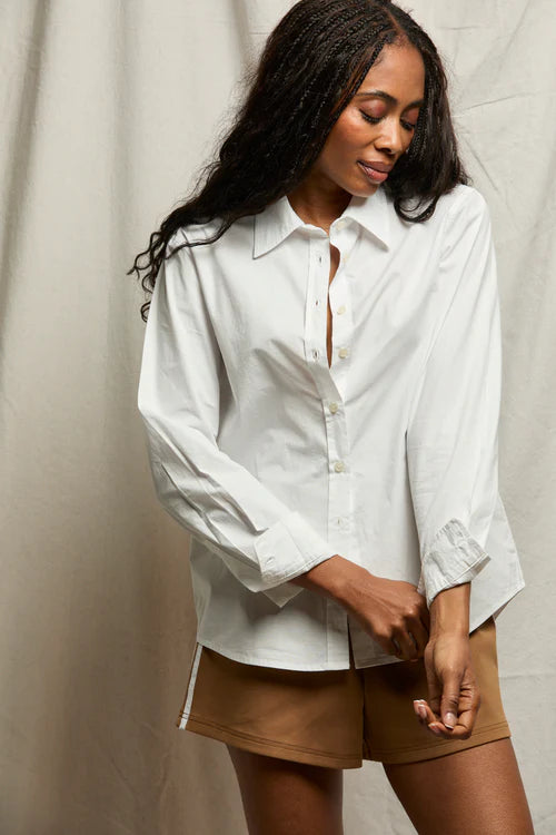 Poplin LS Woven Button Top White