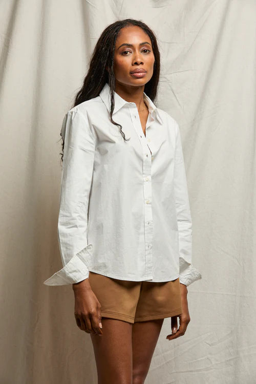 Poplin LS Woven Button Top White