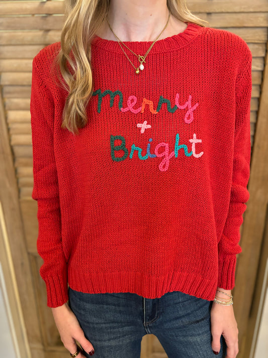 Merry & Bright Embroidered Crew Red Multi