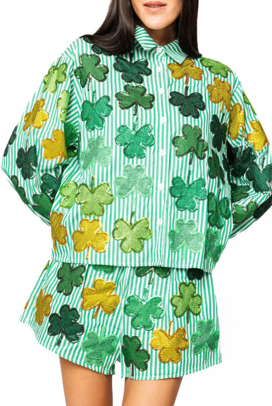 Green & White Striped Rhinestone Shamrock Button Up Top