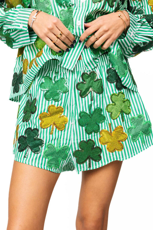 Green & White Striped Rhinestone Shamrock Short