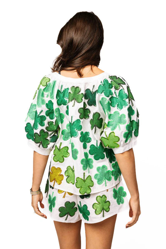 White & Green Rhinestone Shamrock Cotton Button Up Short Sleeve Top