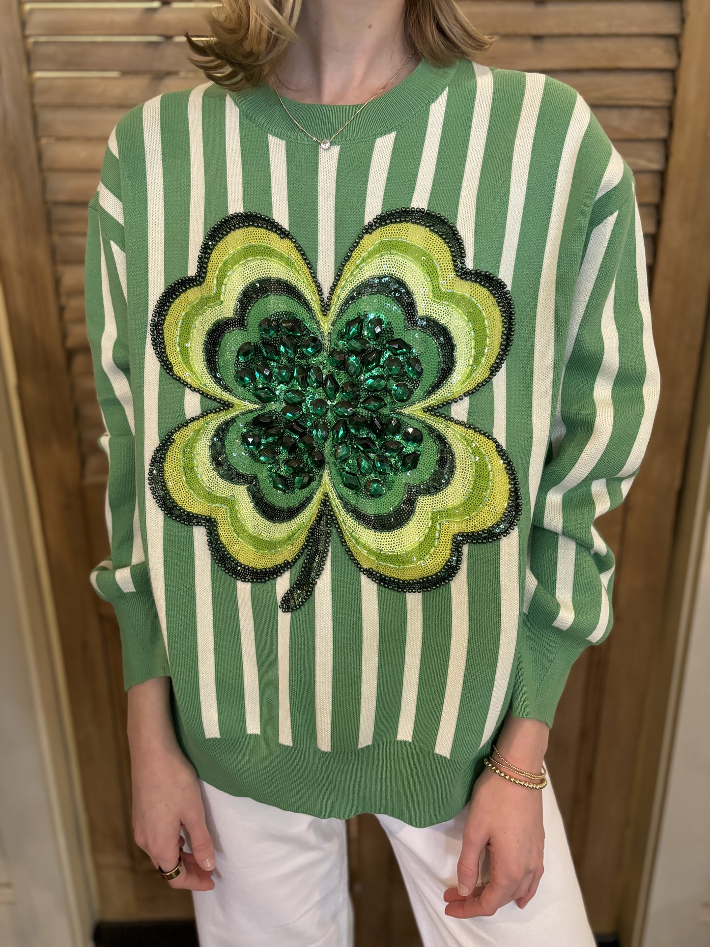 Green & White Stripe Shamrock Sweater