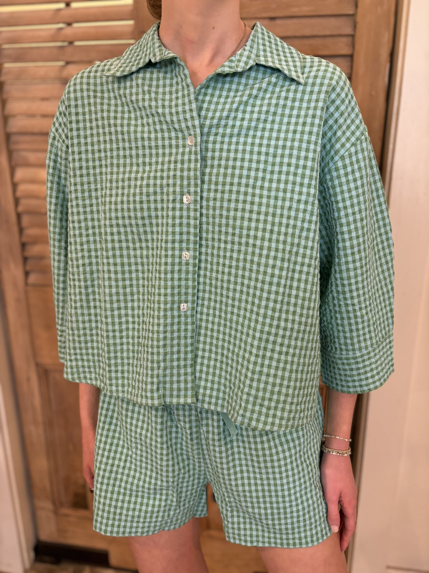 Carroll Top Cotton Gingham Green & Sea
