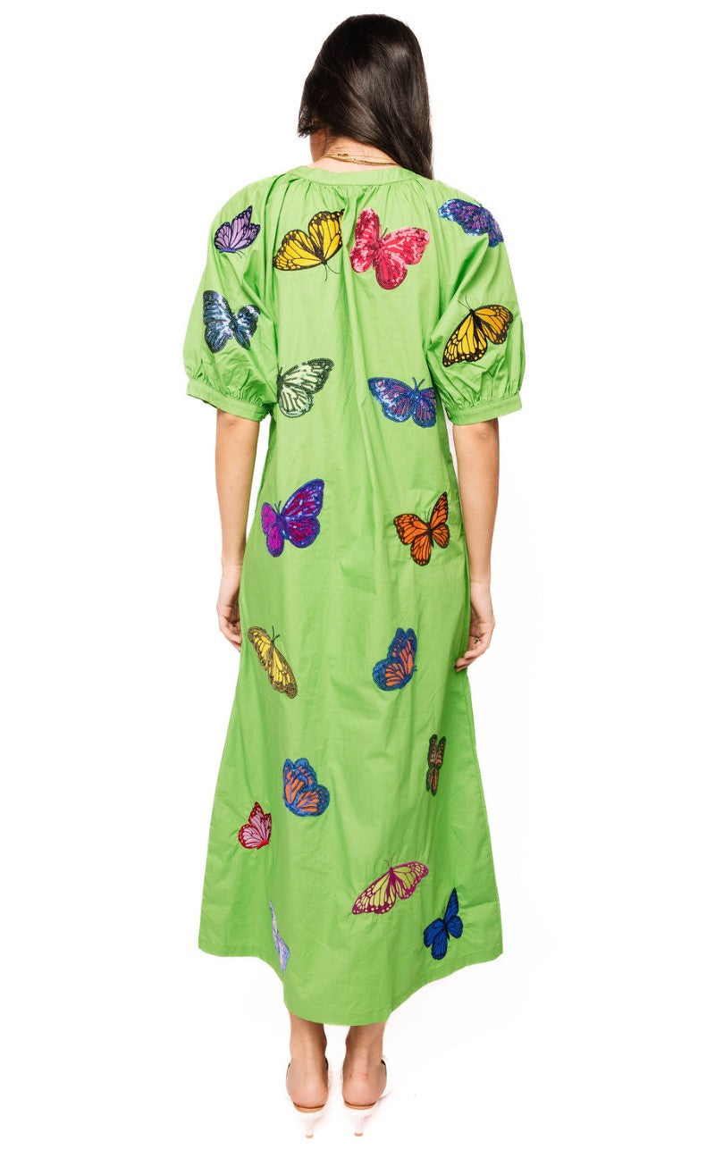 Green Multi Butterfly Button Up Cotton Midi Dress