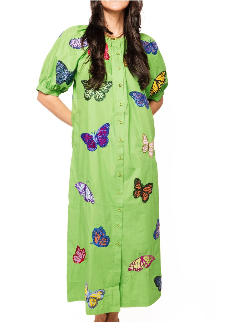Green Multi Butterfly Button Up Cotton Midi Dress