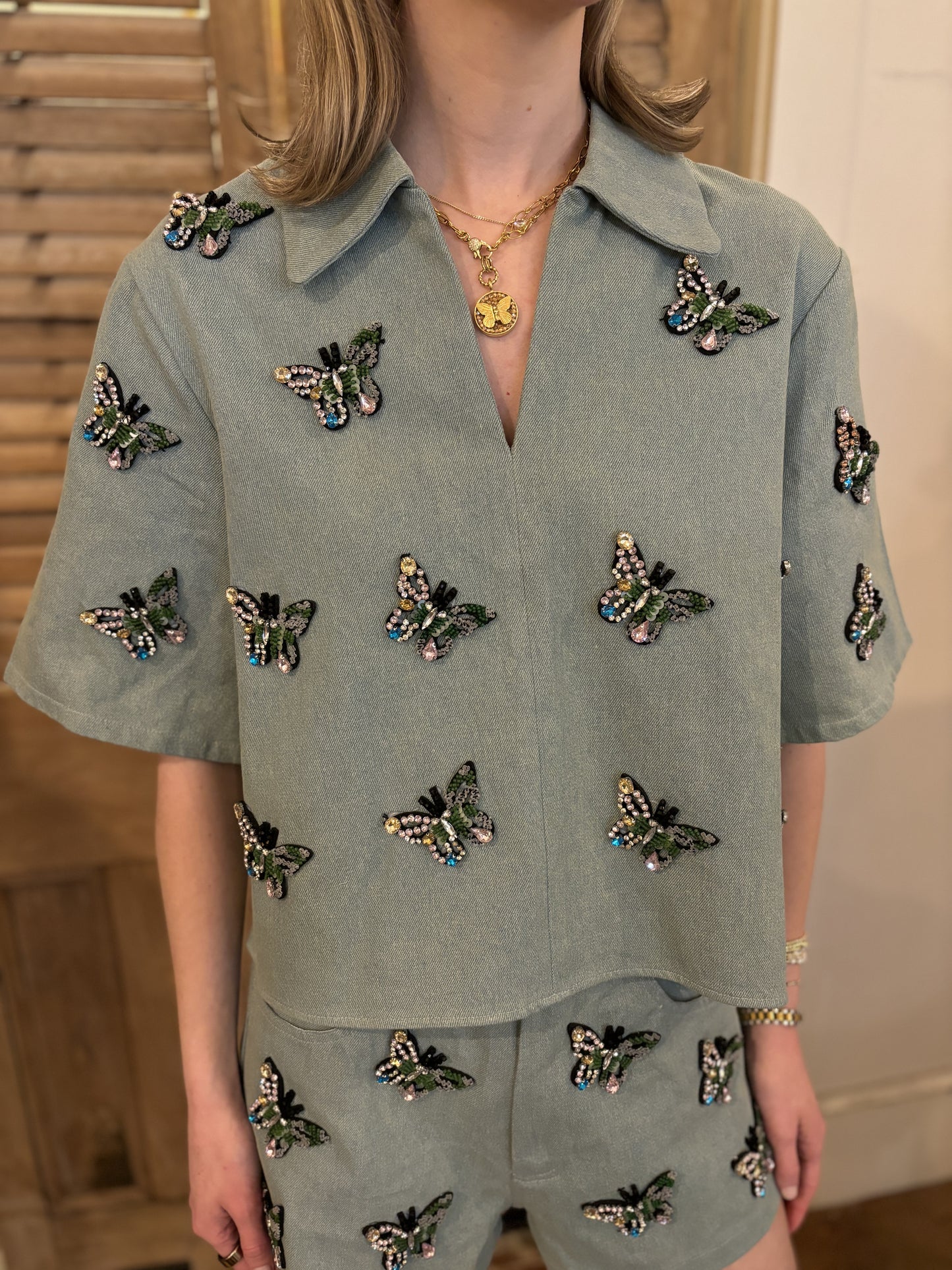 Denim Butterfly Multi Jewel Butterfly Collar Top