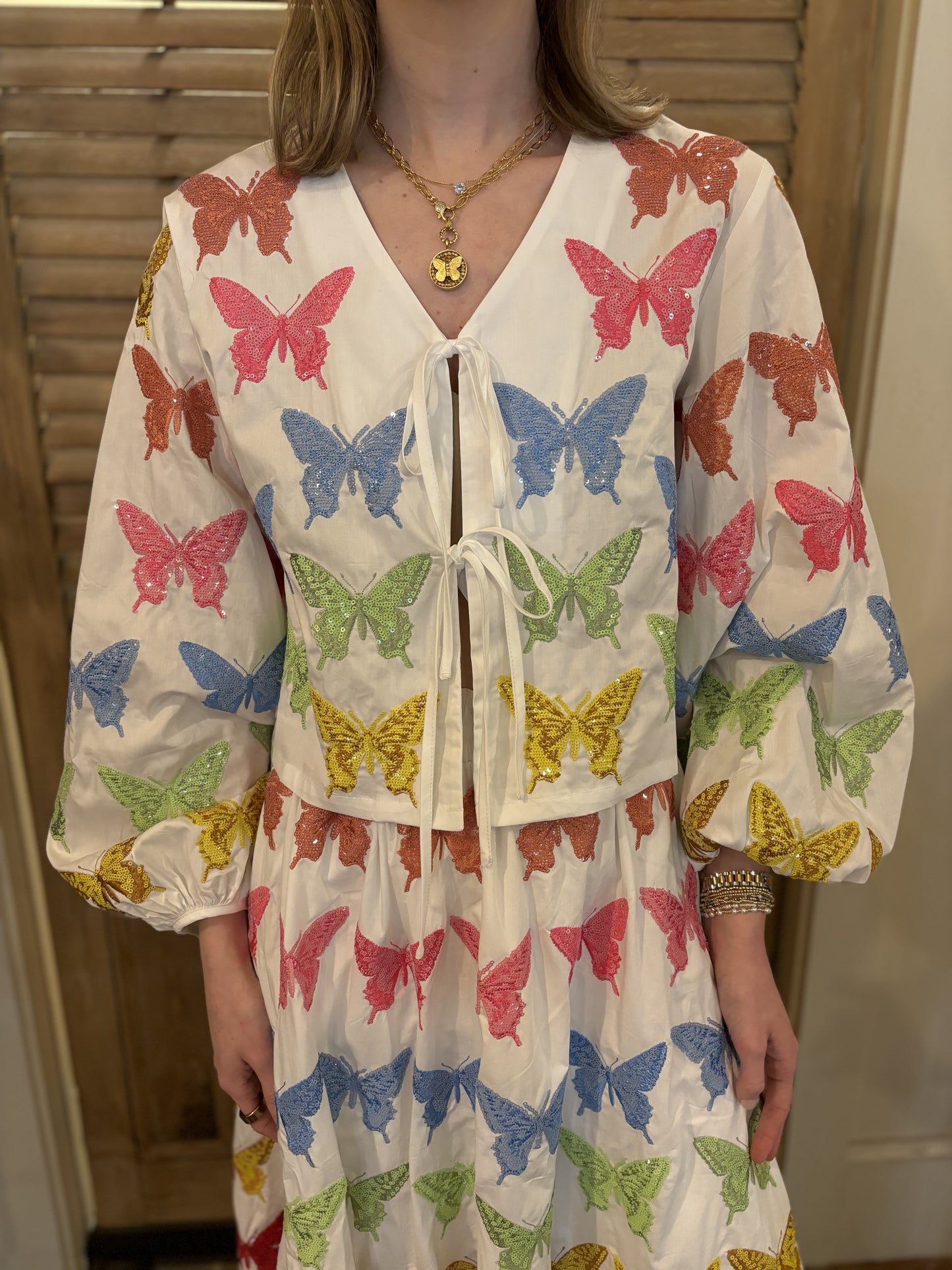 White Multi Butterfly Cotton Tie Up Long Sleeve Top