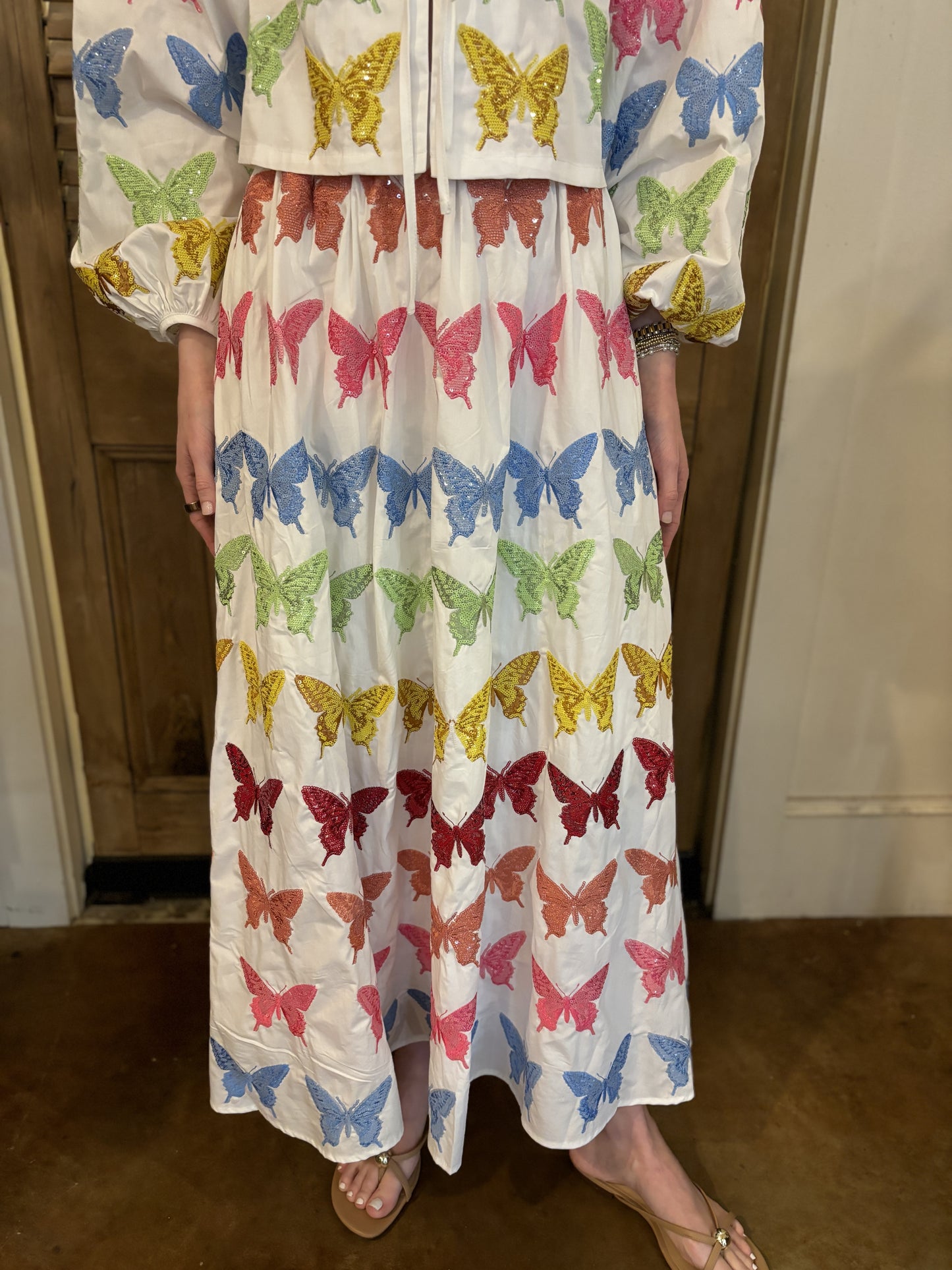 White Multi Butterfly Cotton Midi Skirt