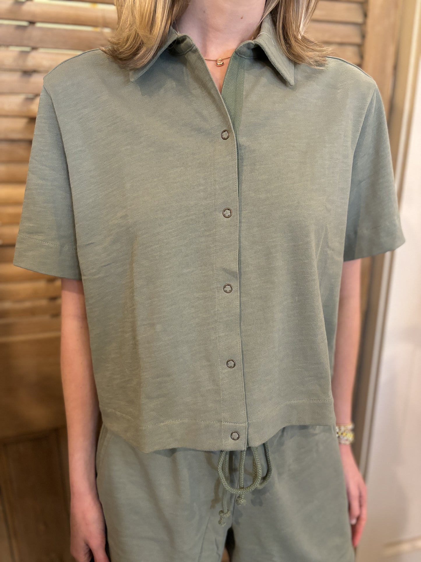 Elbow Sleeve Button Down Tee Sage