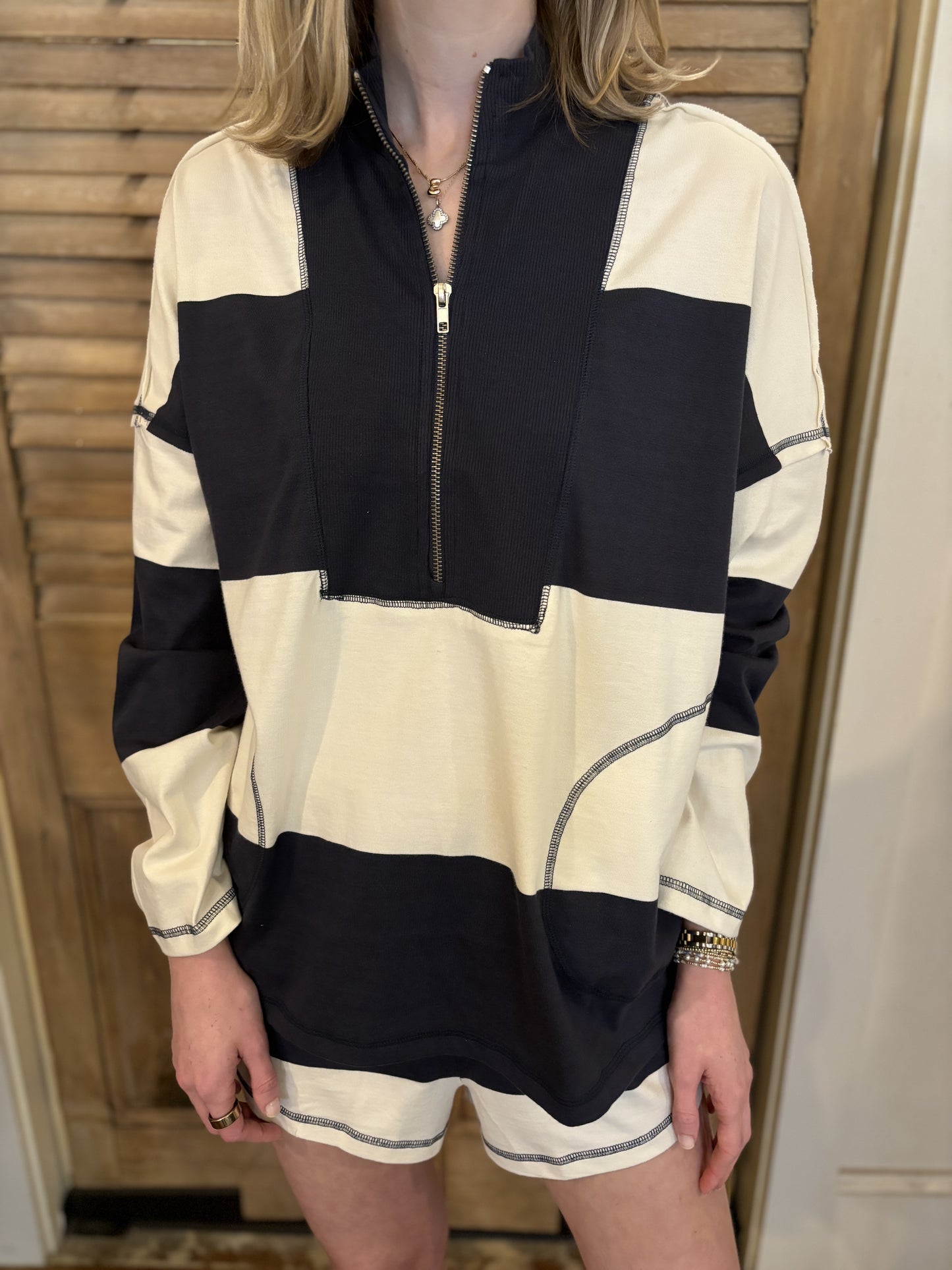 Camille Stripe Heavy Jersey LS Half Zip Top
