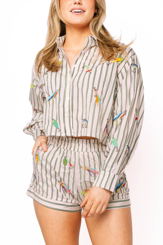 Striped Fishing Lure Button Up Cotton Top