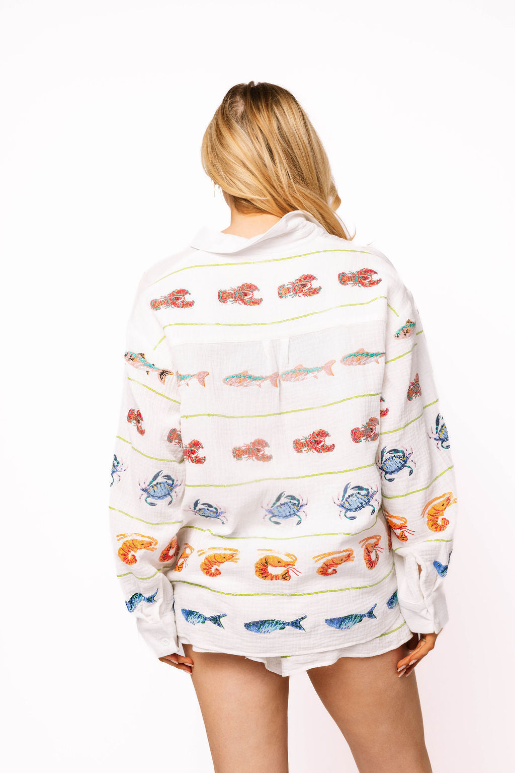 White Striped Seafood Gauze Button Up Top
