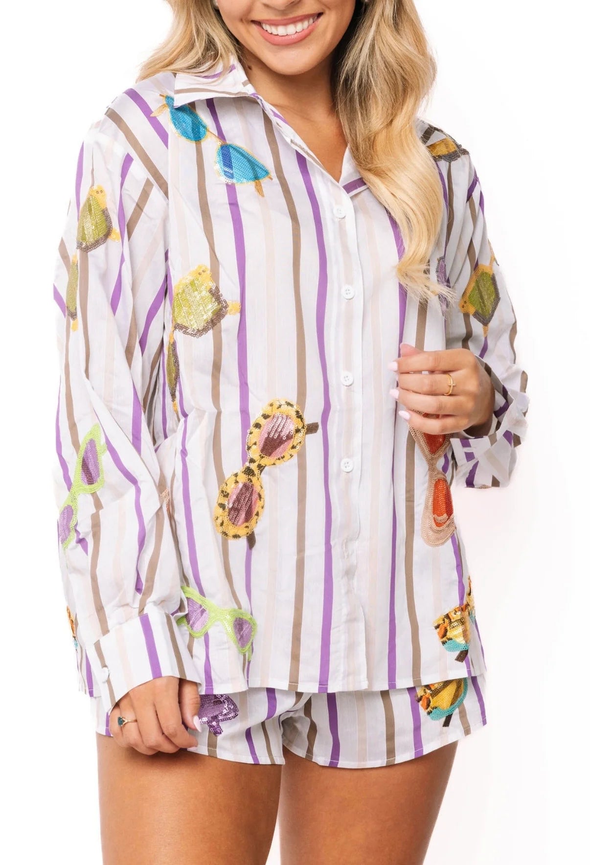 Multi Stripe Sunglasses Cotton Button Up Top
