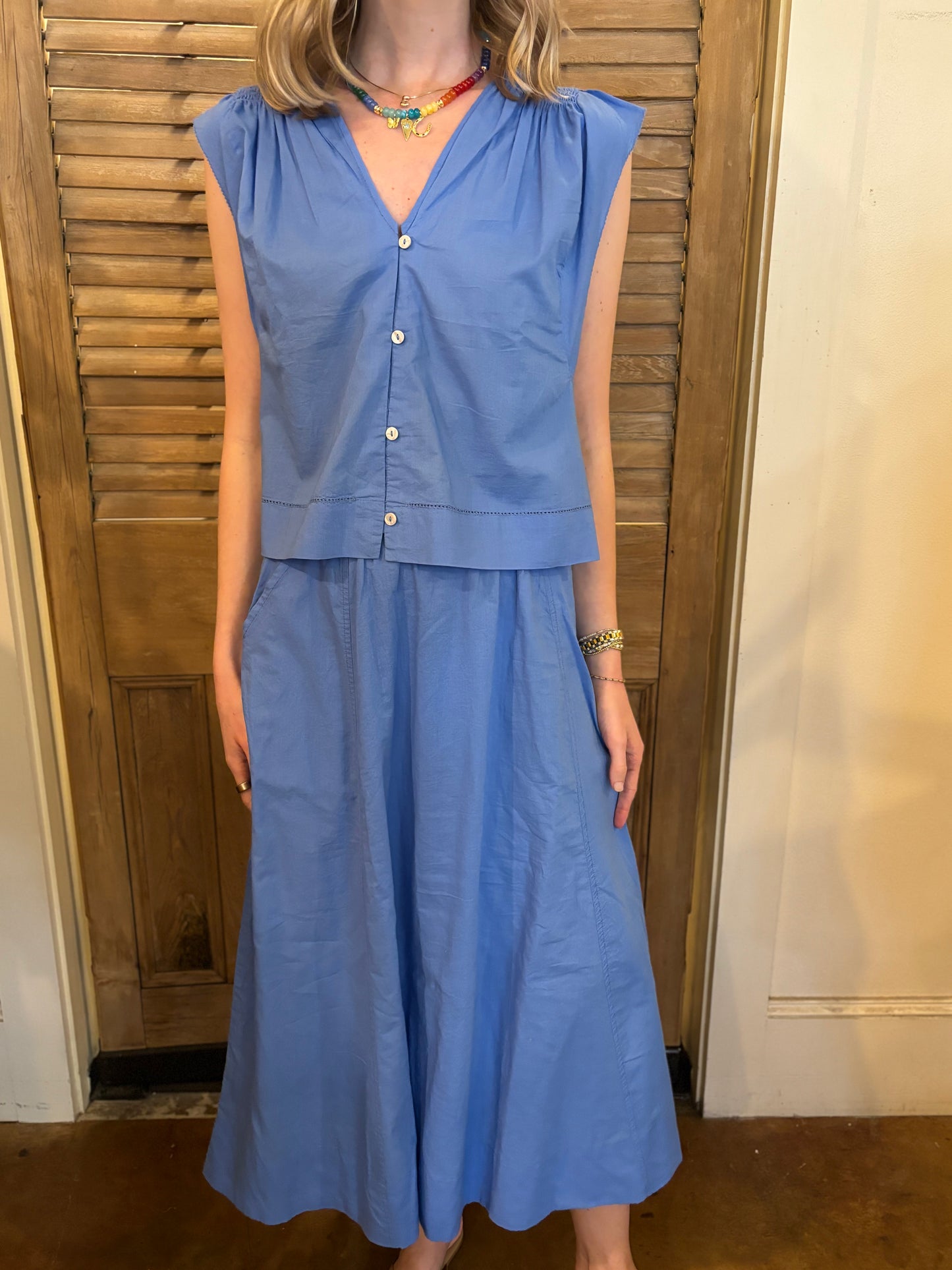 Smocked Shoulder V-Neck Ultramarine