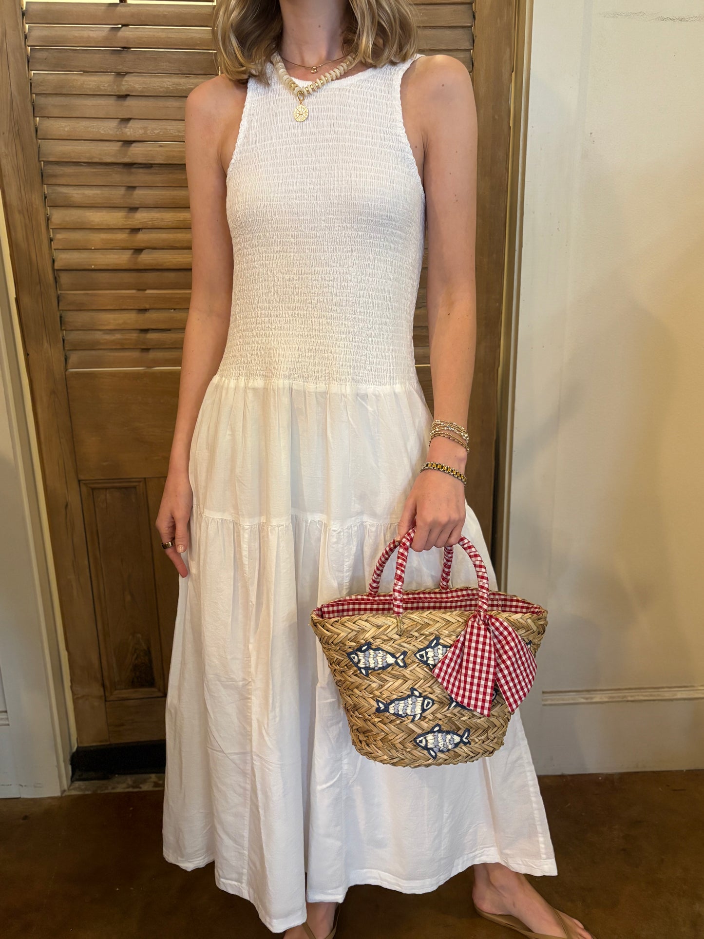 Smocked Bodice Maxi Dress White