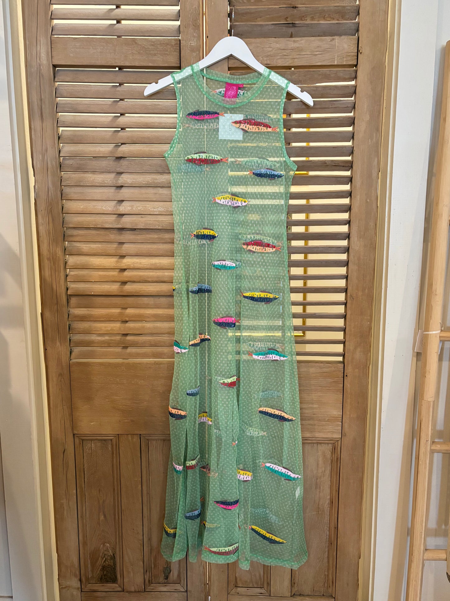 Green Sheer Polka Dot Multi Fish Coverup Midi Dress