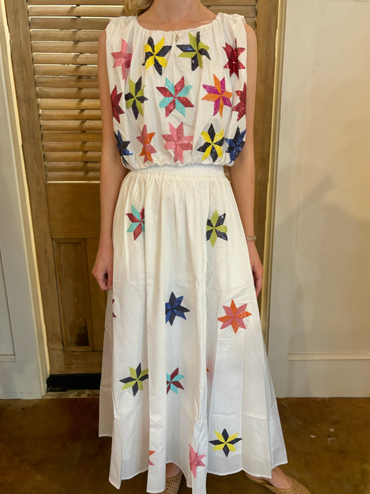 White Multi Pinwheel Cotton Midi Skirt