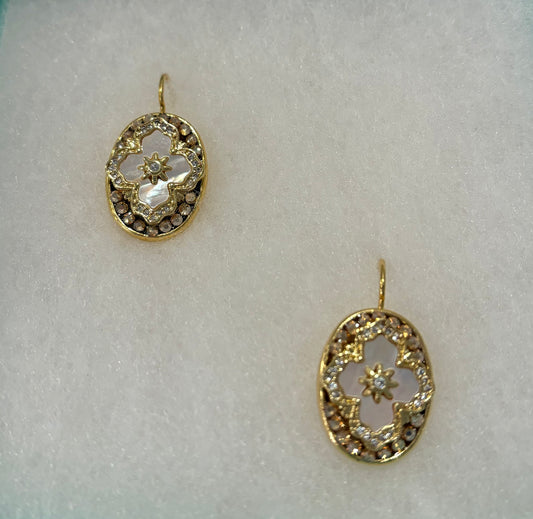 Gold Pearl Cross Oval Earrings
