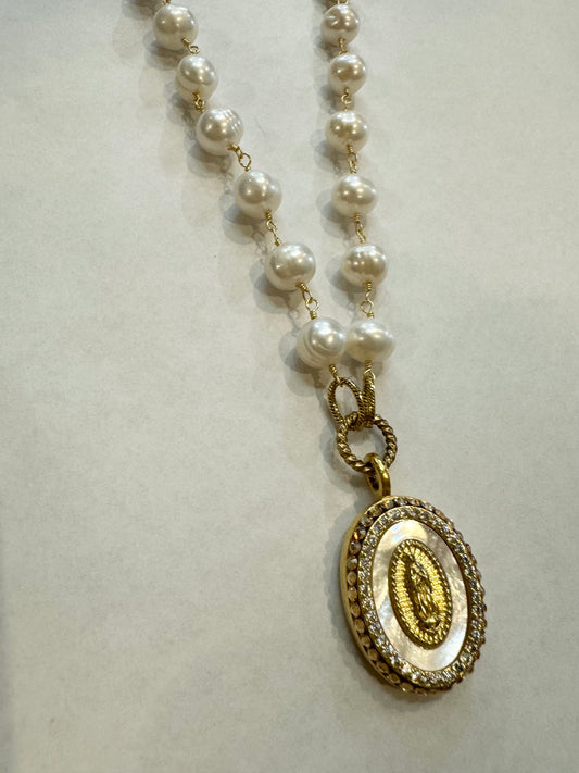 Fresh Water Pearl Miraculous Mary Oval Necklace