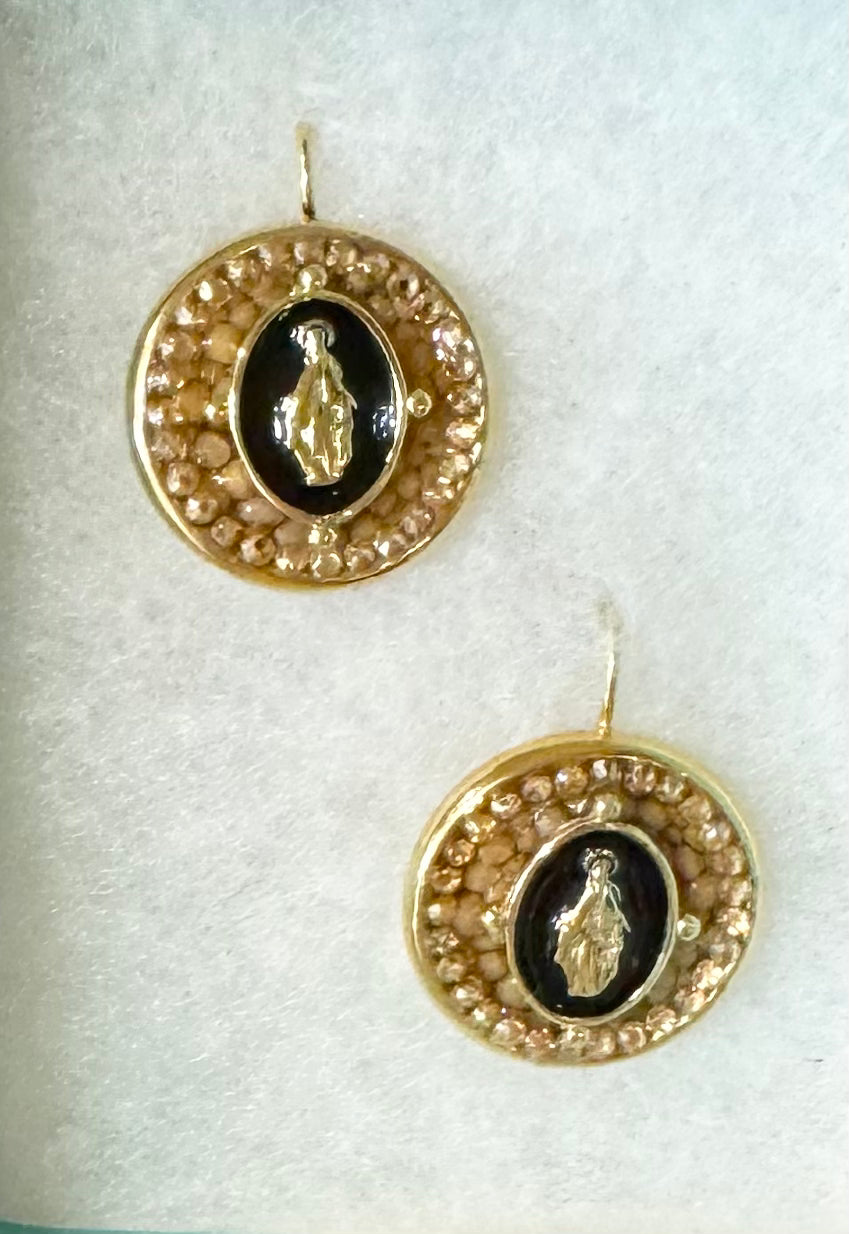 Black Miraculous Metal Mary Round Earrings