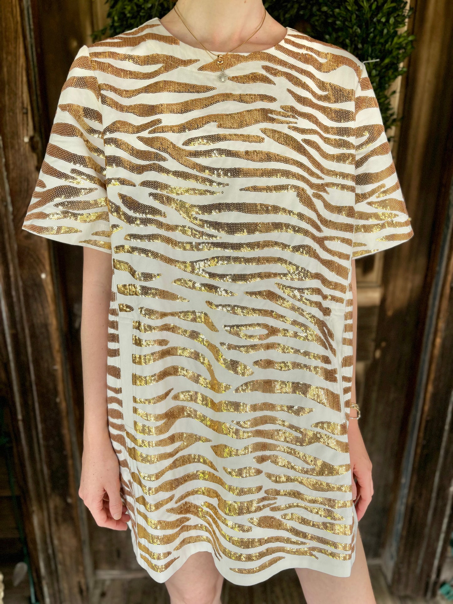 White & Gold Tiger Short Sleeve Denim Dress