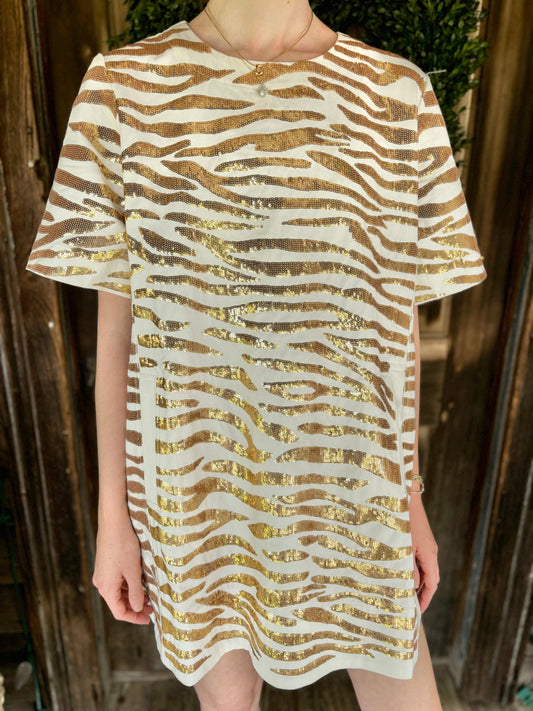 White & Gold Tiger Short Sleeve Denim Dress