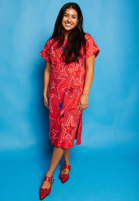 Red, White & Blue Groovy Star Midi Tee Dress