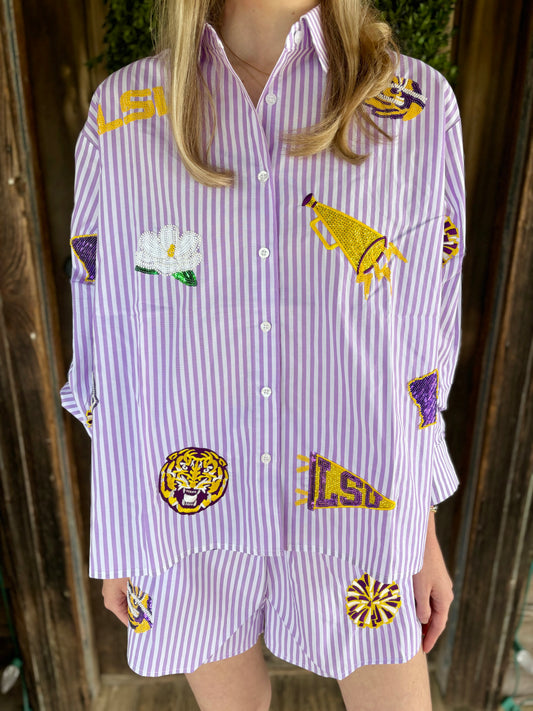 Licensed LSU Mini Icon Striped Button Down Top