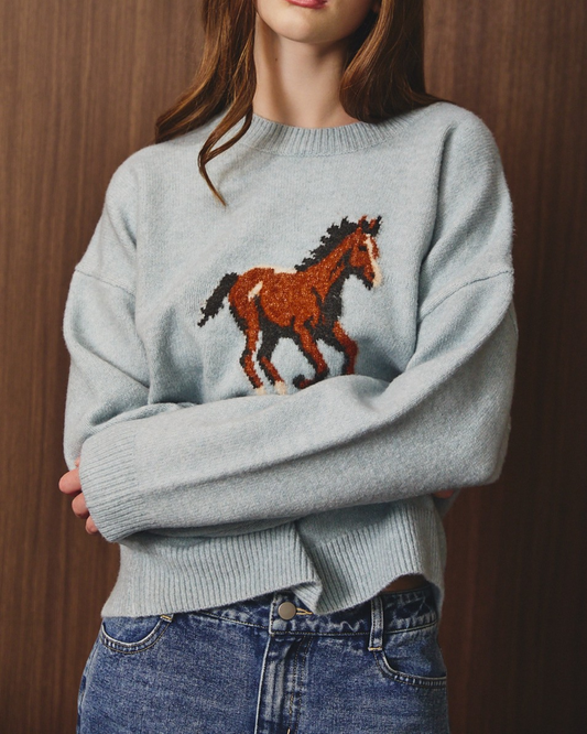 Horse Long Sleeve Crew Neck Sweater Mint