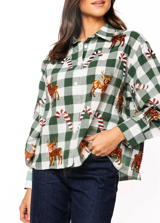 Green & White Plaid Reindeer & Candy Cane Button Up Top